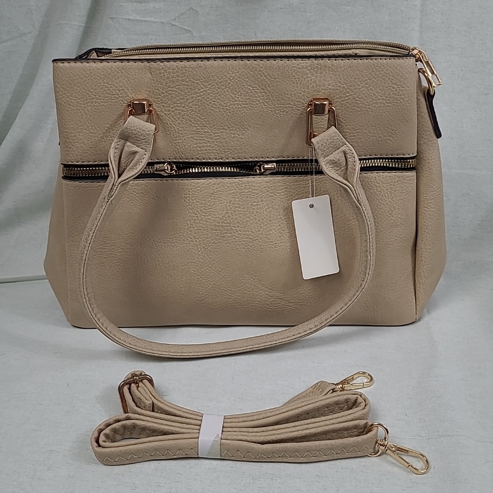 Large beige Faux Leather 3 compartment Purse / shoulder bag. Brand new